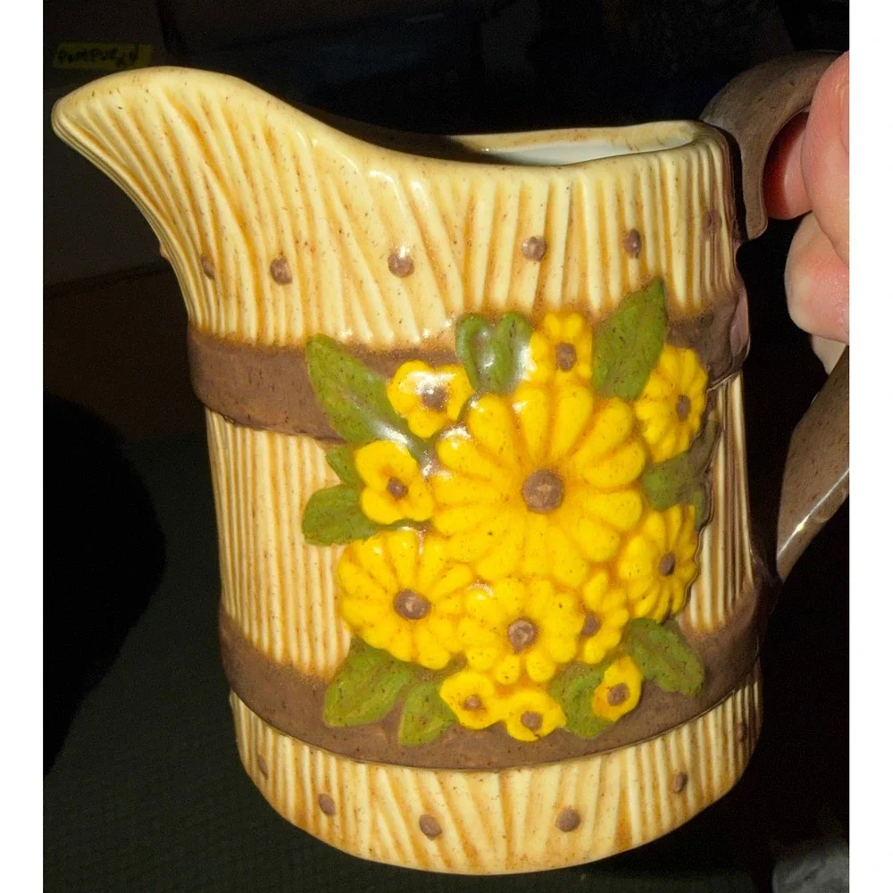 Sunflower Ceramic Pitcher Vintage‎ Farmhouse Barrel